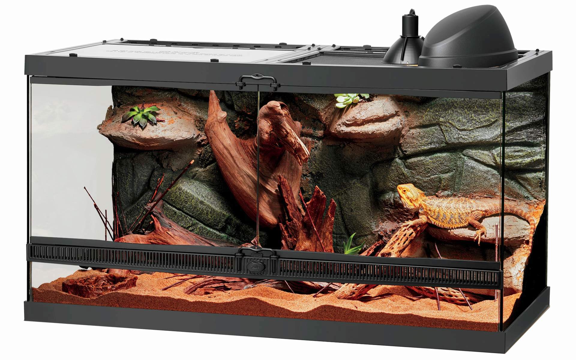 Bearded dragon inside a Zilla front opening terrarium basking in the heat and light